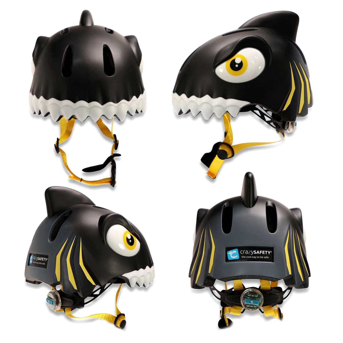 Sort haj børnecykelhjelm fra Crazy Safety fra fire forskellige vinkler