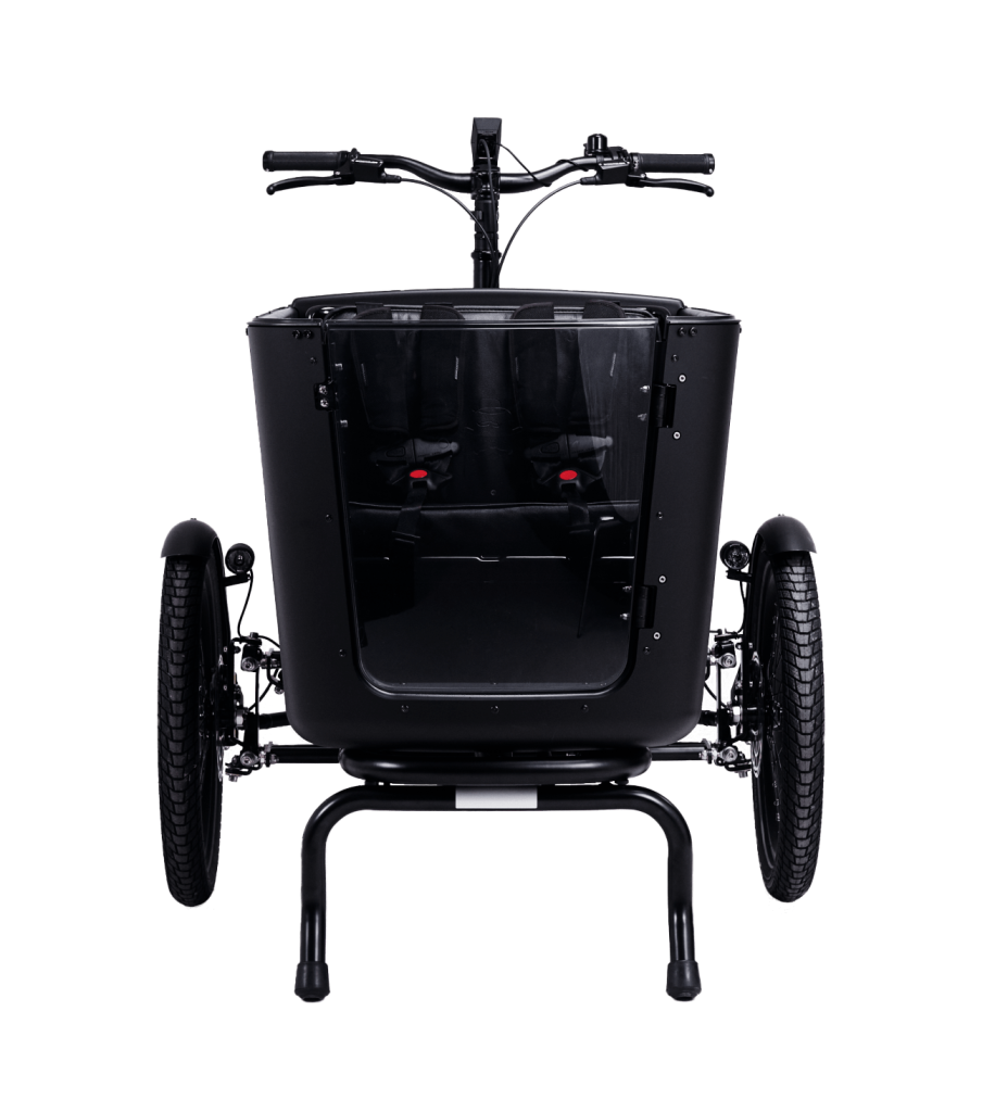 Black cargo box with transparent door on MK1-E Gen. 3 Automatic butchers and bicycles electric cargo bike