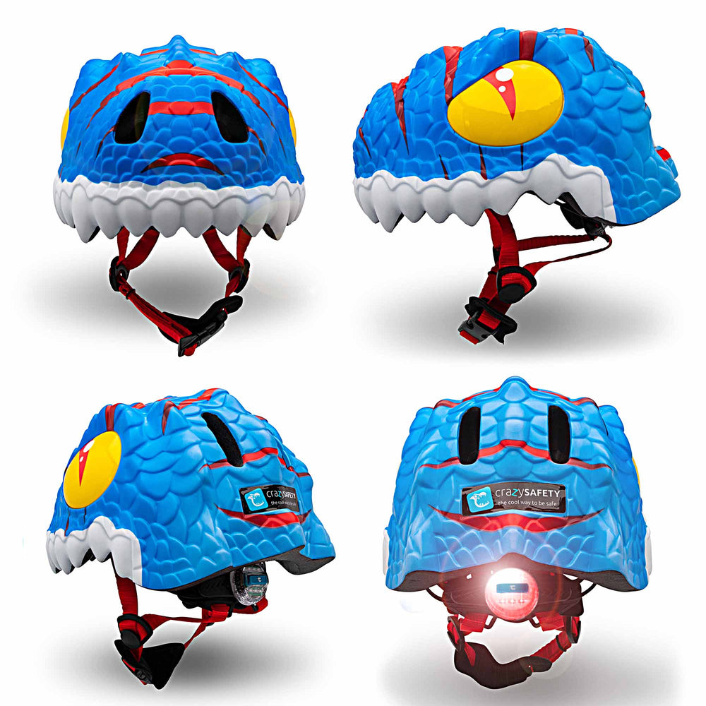 Blå dinosaur cykelhjelm til børn fra fire forskellige vinkler