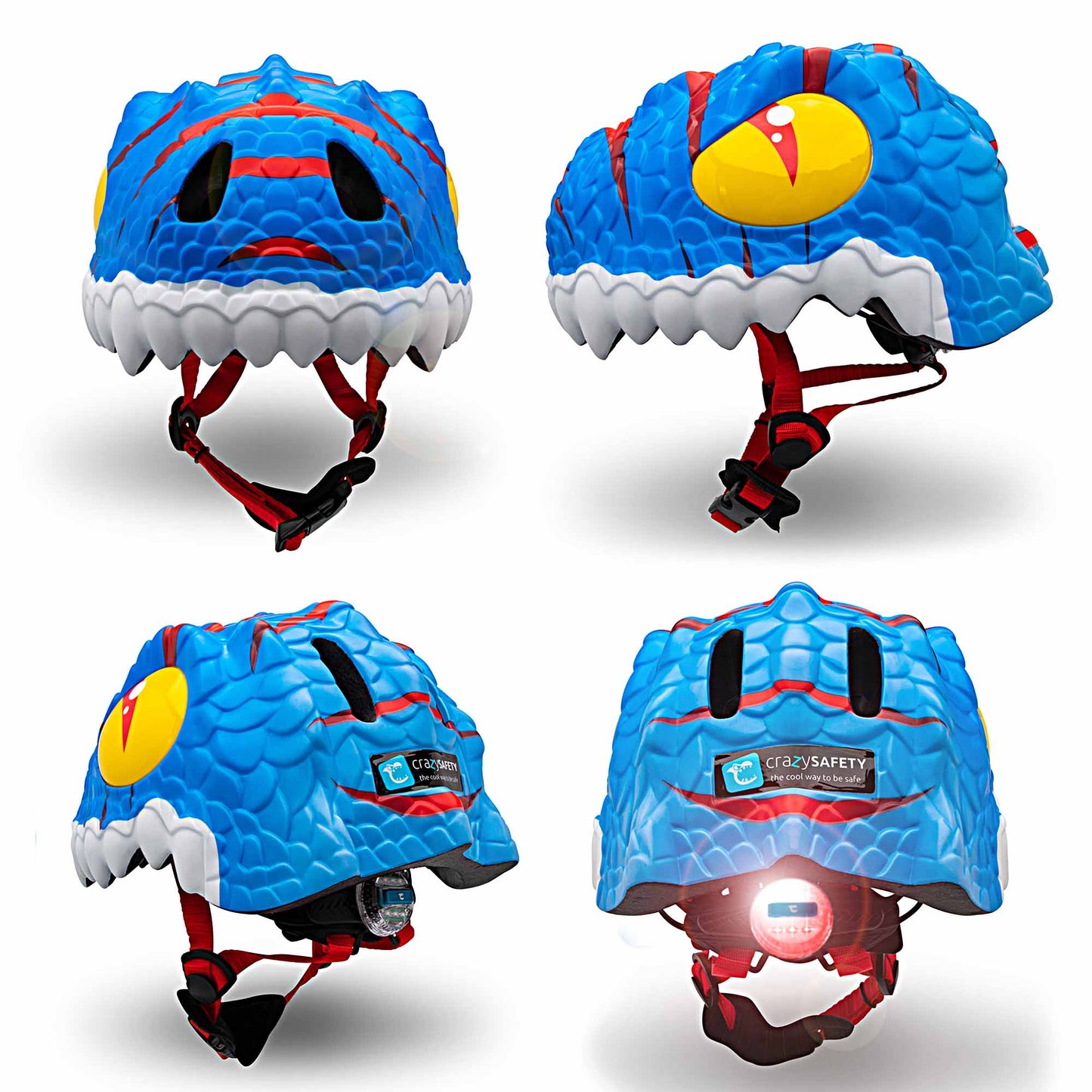 Blå dinosaur cykelhjelm til børn fra fire forskellige vinkler