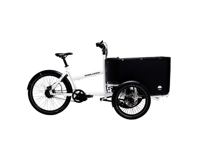 White MK1-E Gen. 3 Automatic butchers and bicycles electric cargo bike with black cargo box